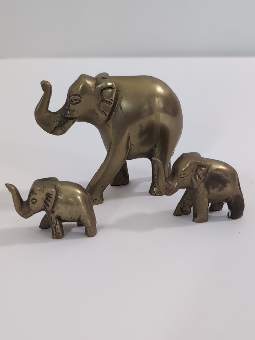 Vintage Solid Brass Elephant Family Figurine Mama And Two Babies MCM Boho